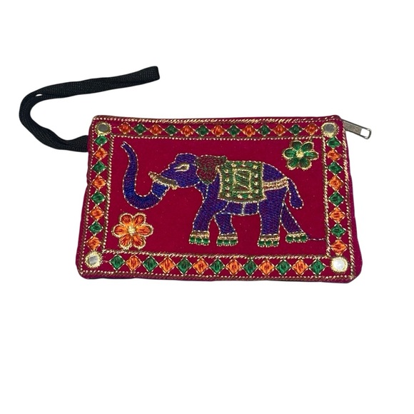 Indian Style Embroidered Elephant Wristlet Travel Colorful 6.75x4.25in Unique - Picture 1 of 10